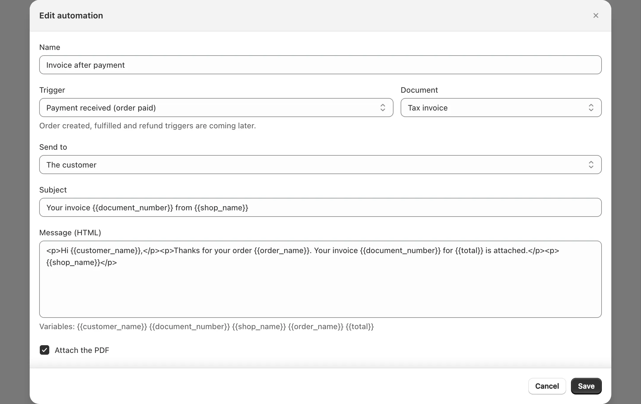 Automation rule editor with trigger, subject and filters