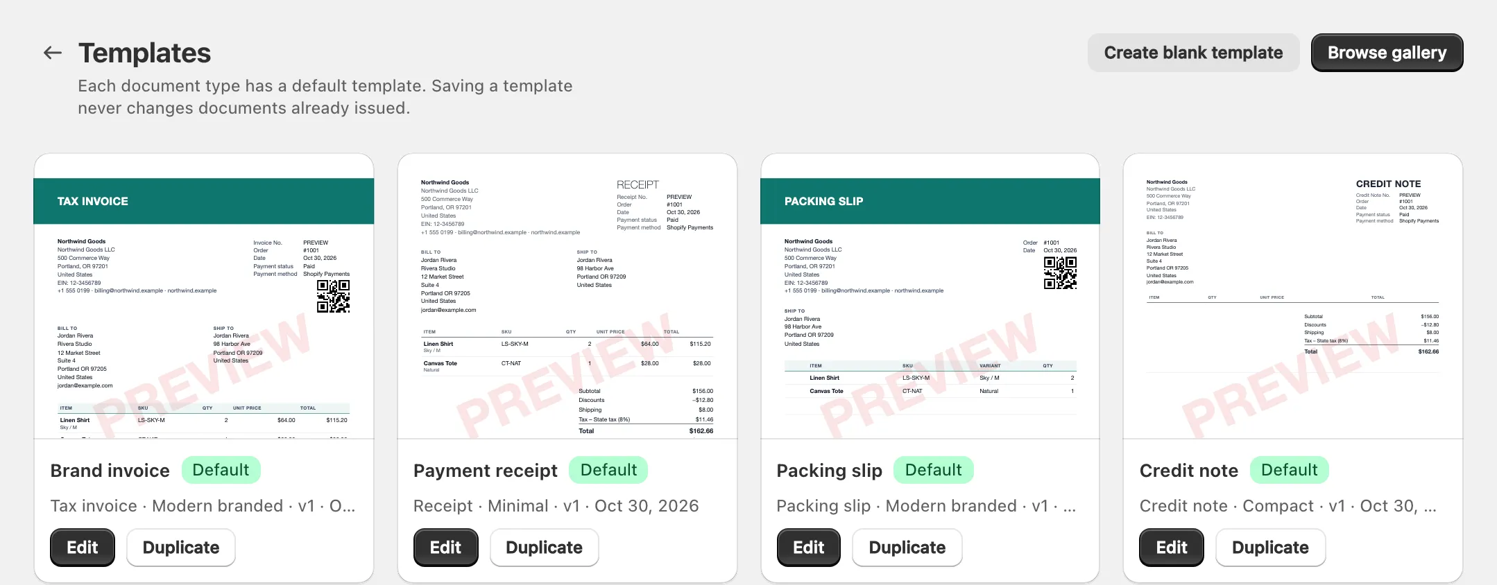 Template library showing invoice, receipt, packing slip and credit note