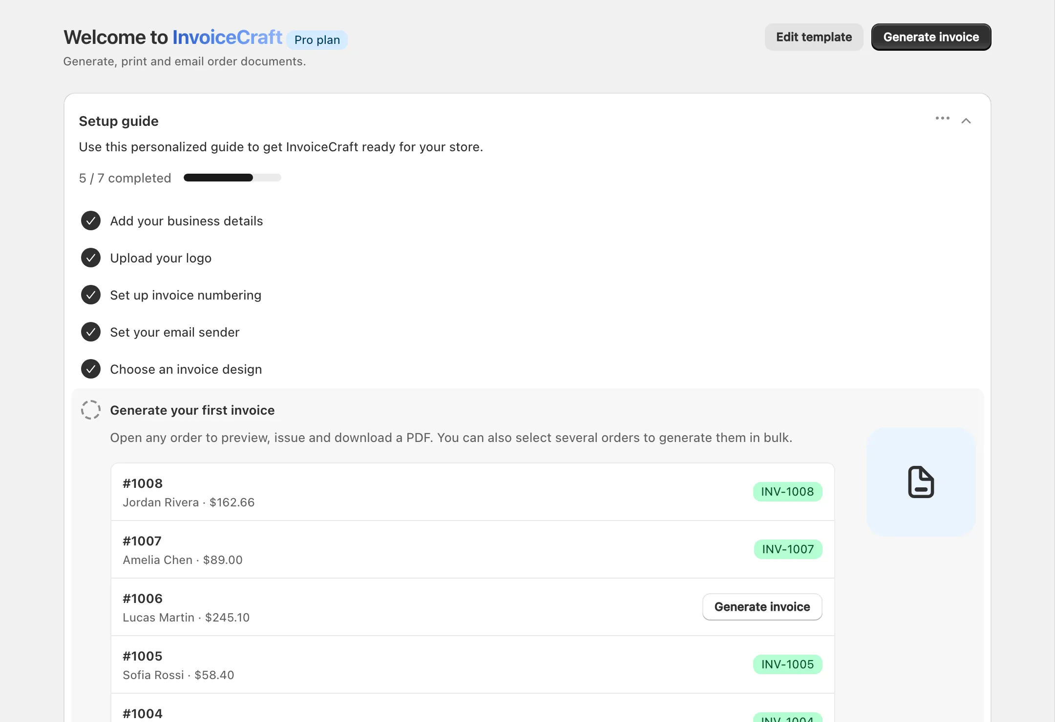 InvoiceCraft dashboard with setup guide