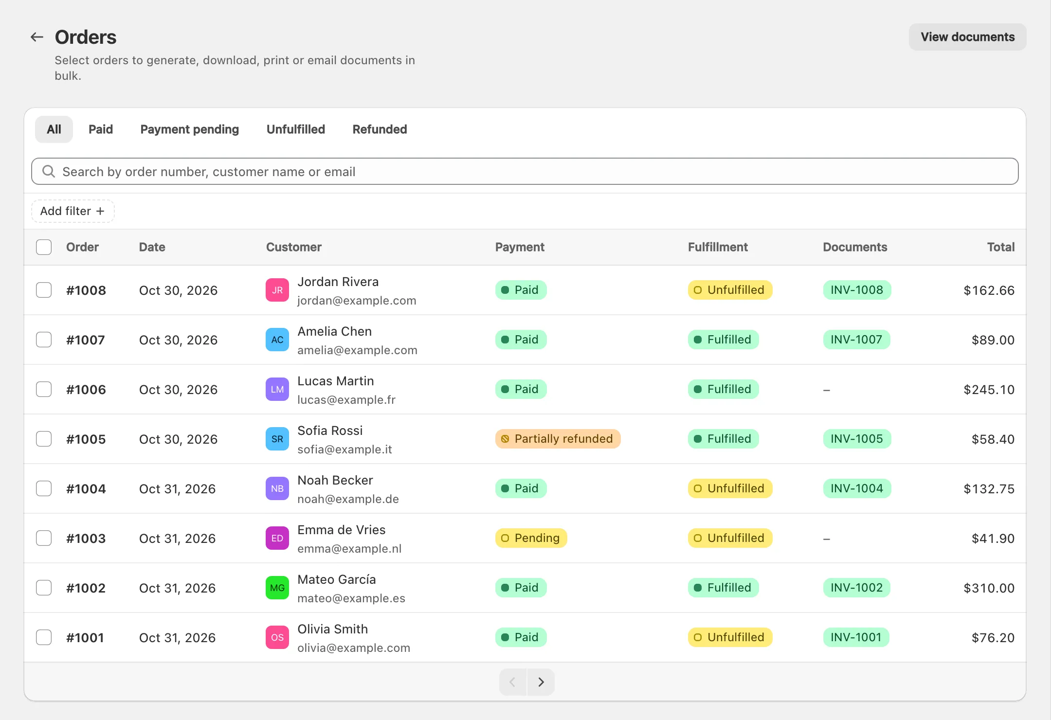 Orders list with payment and fulfillment status and document numbers