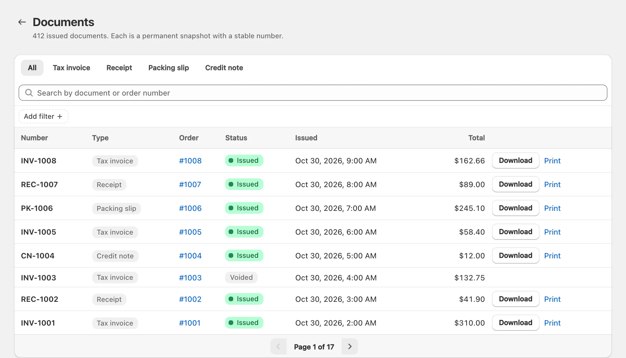 Documents list with invoices, receipts, packing slips and credit notes