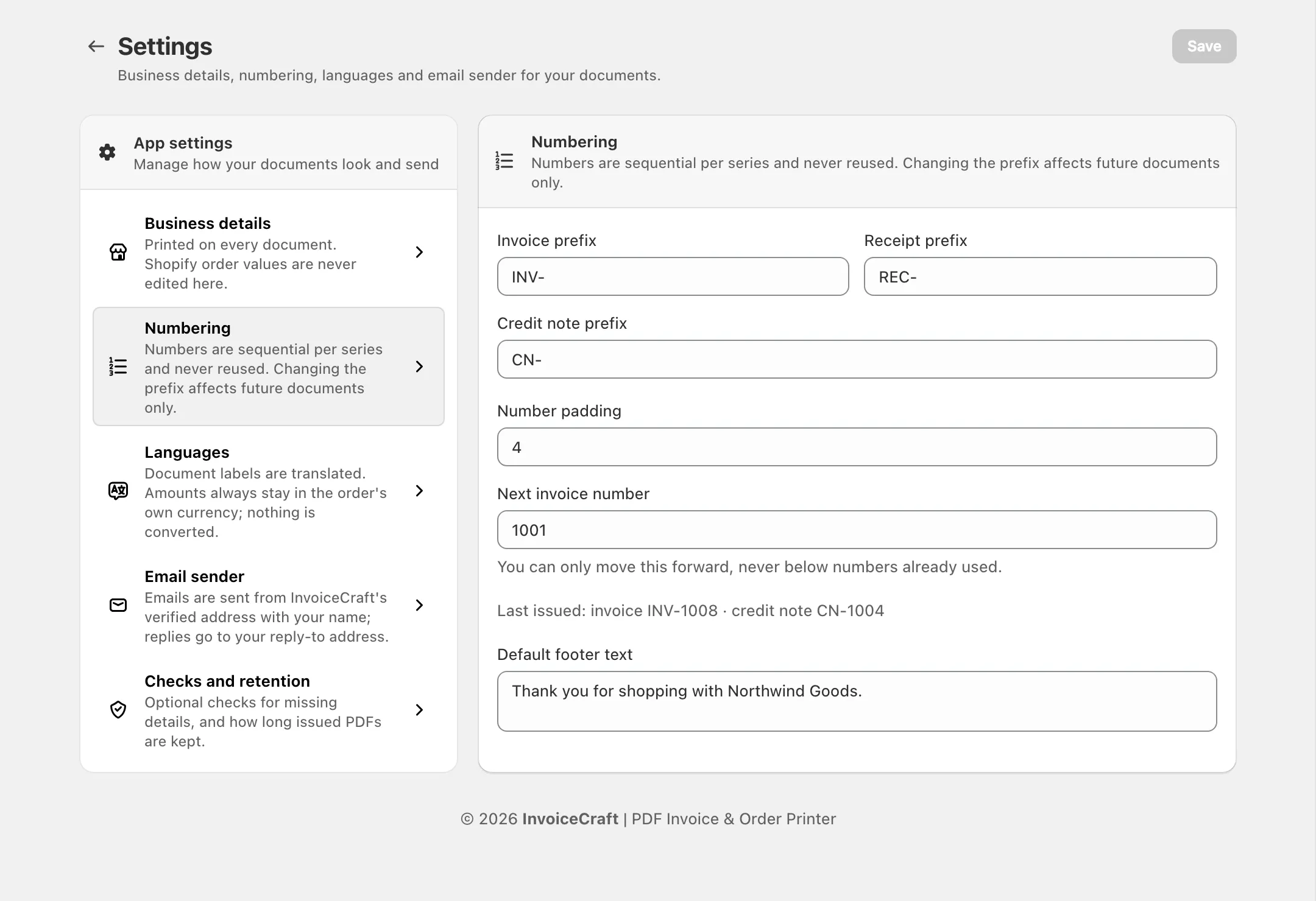Numbering settings with invoice, receipt and credit note prefixes