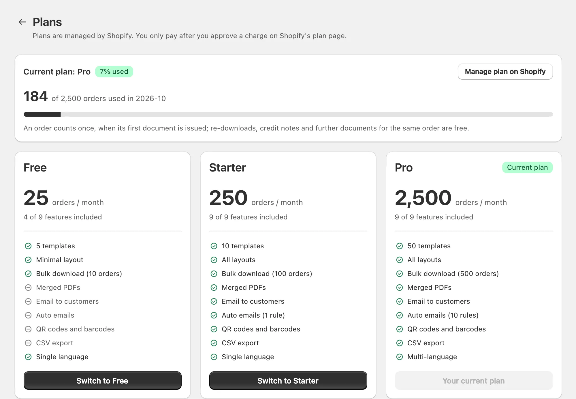 Plans page with usage bar and plan cards