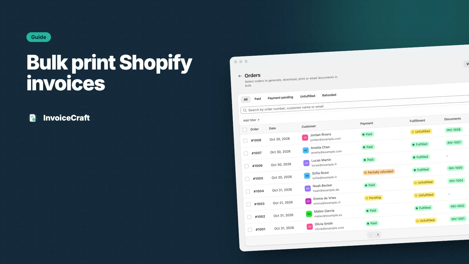 InvoiceCraft orders list with payment, fulfillment and document numbers