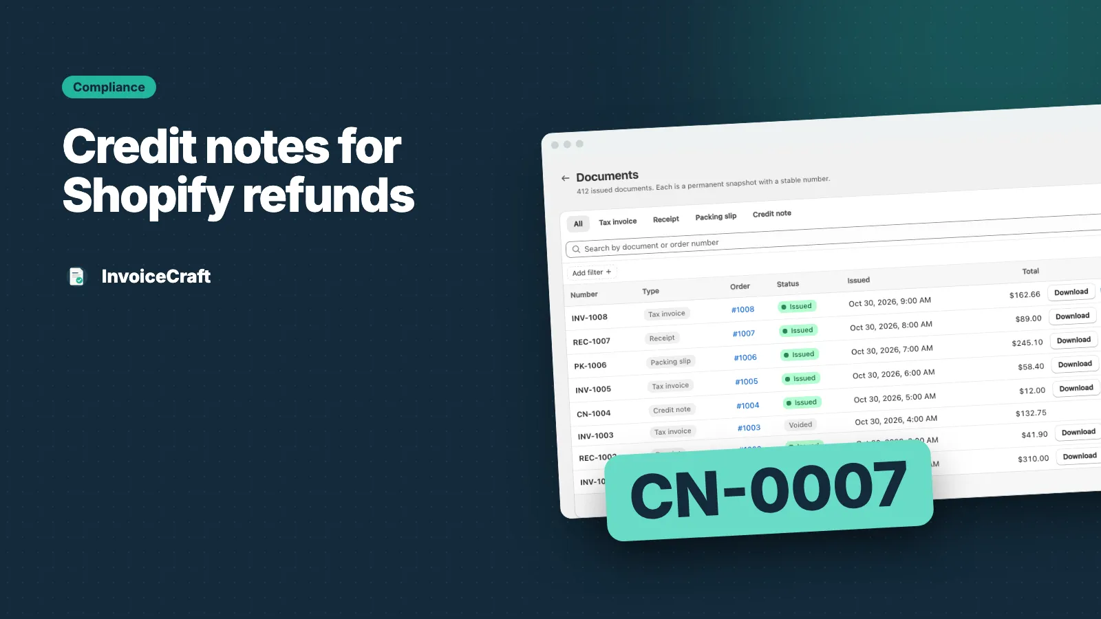 InvoiceCraft documents list with invoices and credit notes