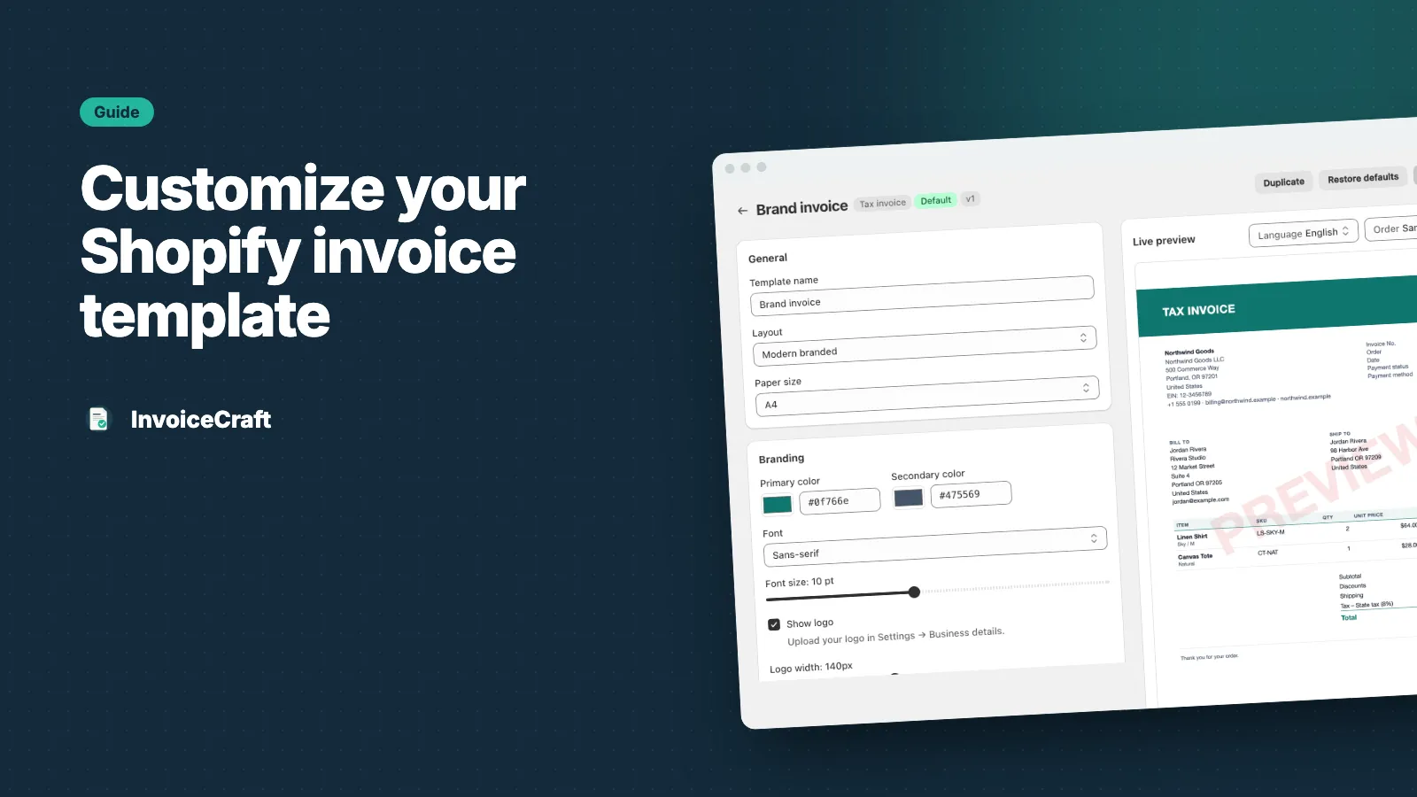 InvoiceCraft template editor with branding settings and live preview