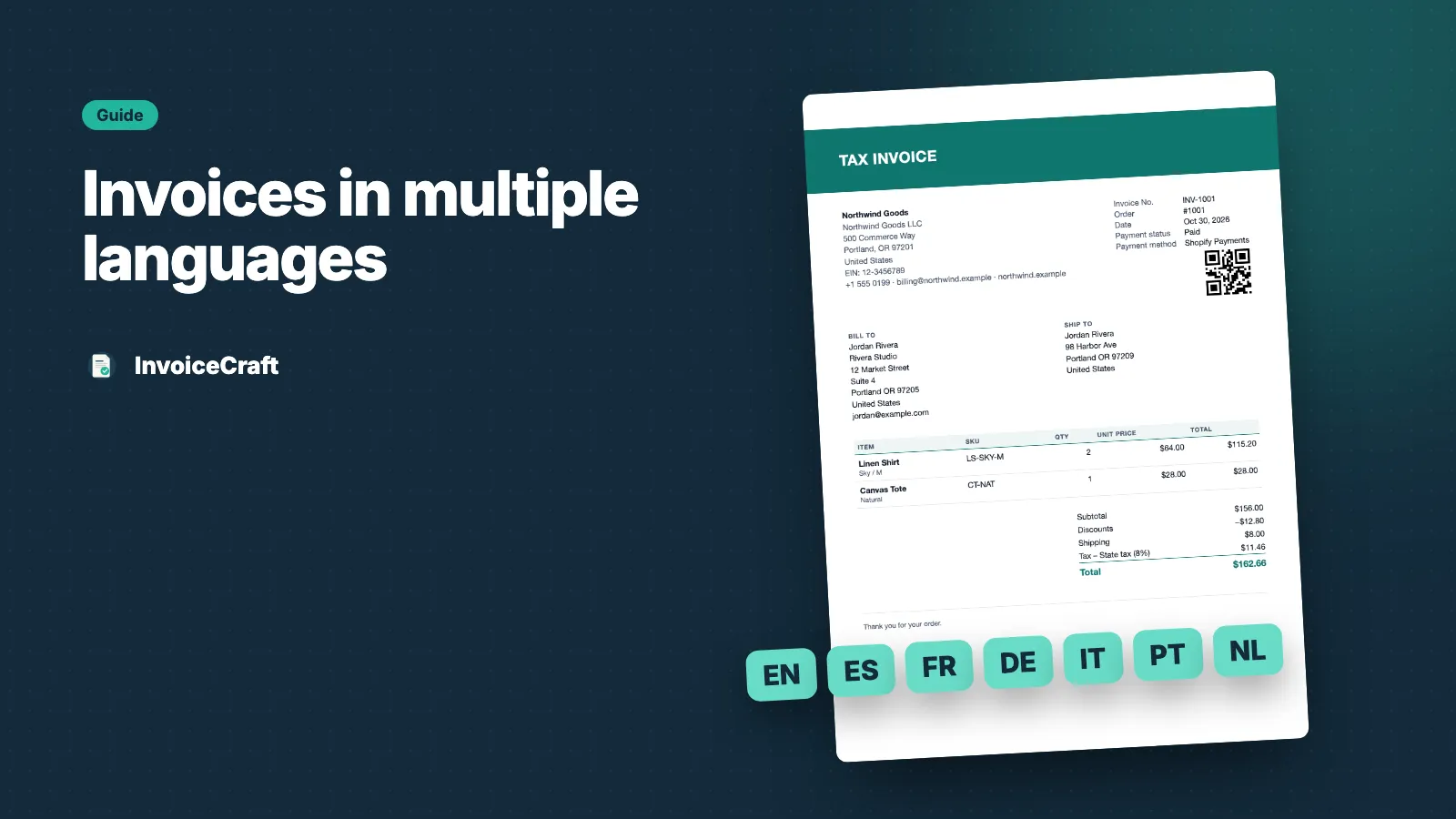 Tax invoice PDF with language codes for seven supported languages