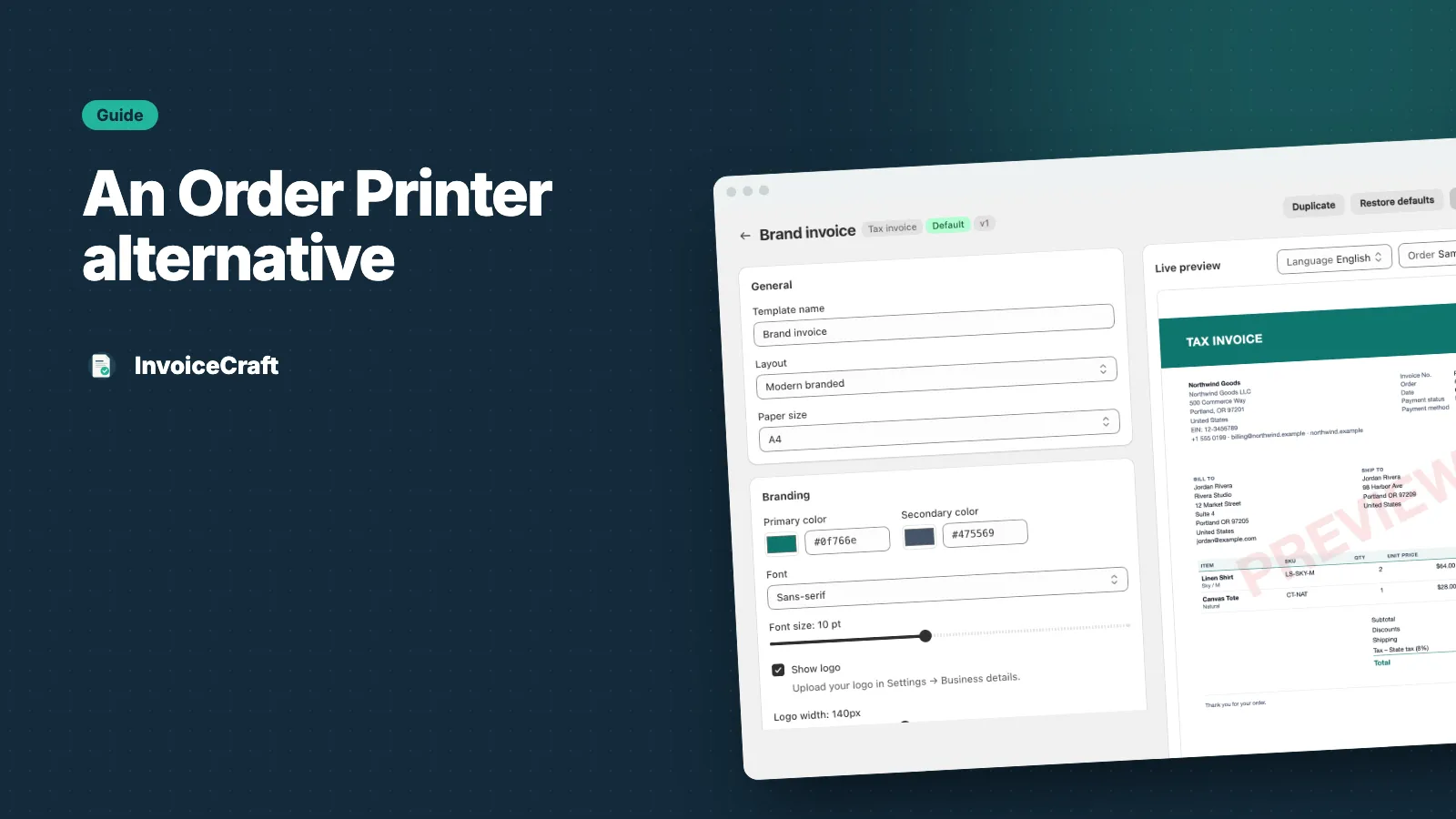 InvoiceCraft template editor with live invoice preview